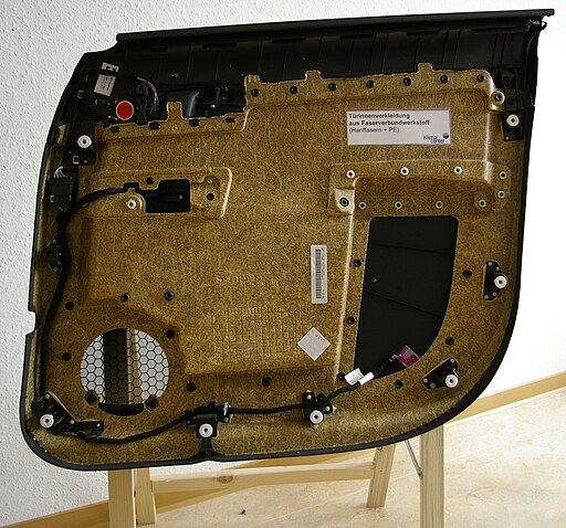 Interior carpeting of a cars door made by a biocomposite of hemp fibres and polyethylen.