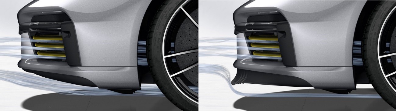 The front spoiler lip of the Porsche 911 Turbo S extends or retracts depending on the selected driving mode and vehicle speed to optimize airflow. Additionally, the cooling air flaps open or close to regulate airflow through the air intakes and reduce drag whenever possible.