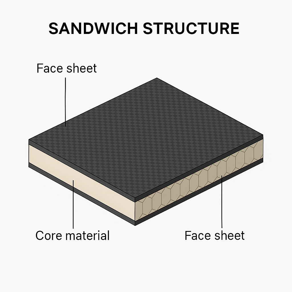 Schematic of a Composites Sandwich Structure with two outer carbon fiber face sheets and a bonded lightweight core.