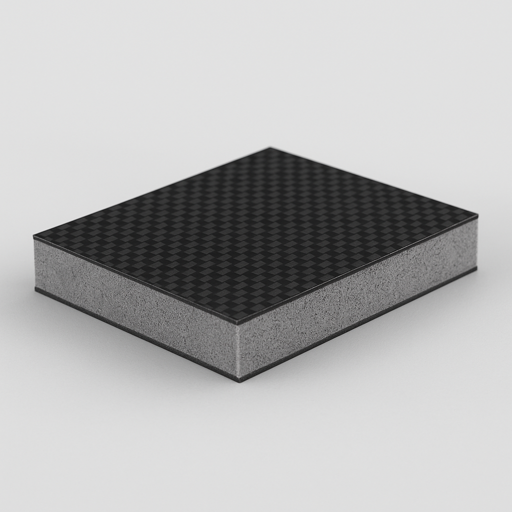 A sandwich structure consisting of two carbon fiber outer layers and a foam core interior