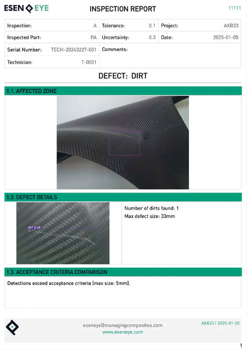 Quality report of a carbon fiber part