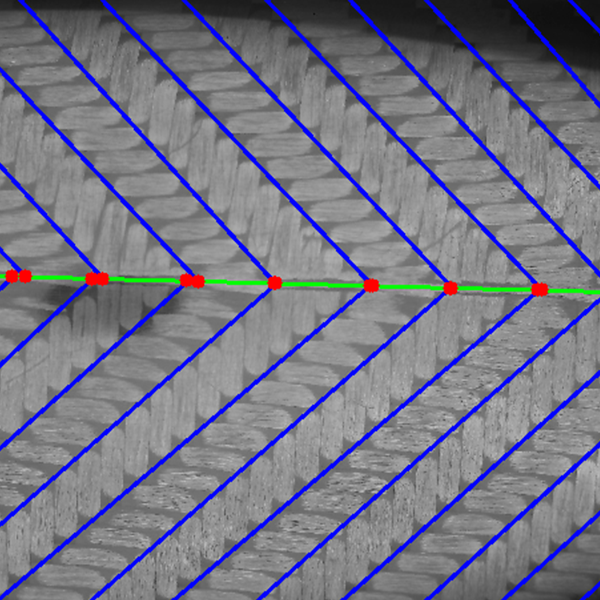 Computer-vision analysis of a carbon-fiber herringbone pattern showing fiber-line detection and alignment verification.