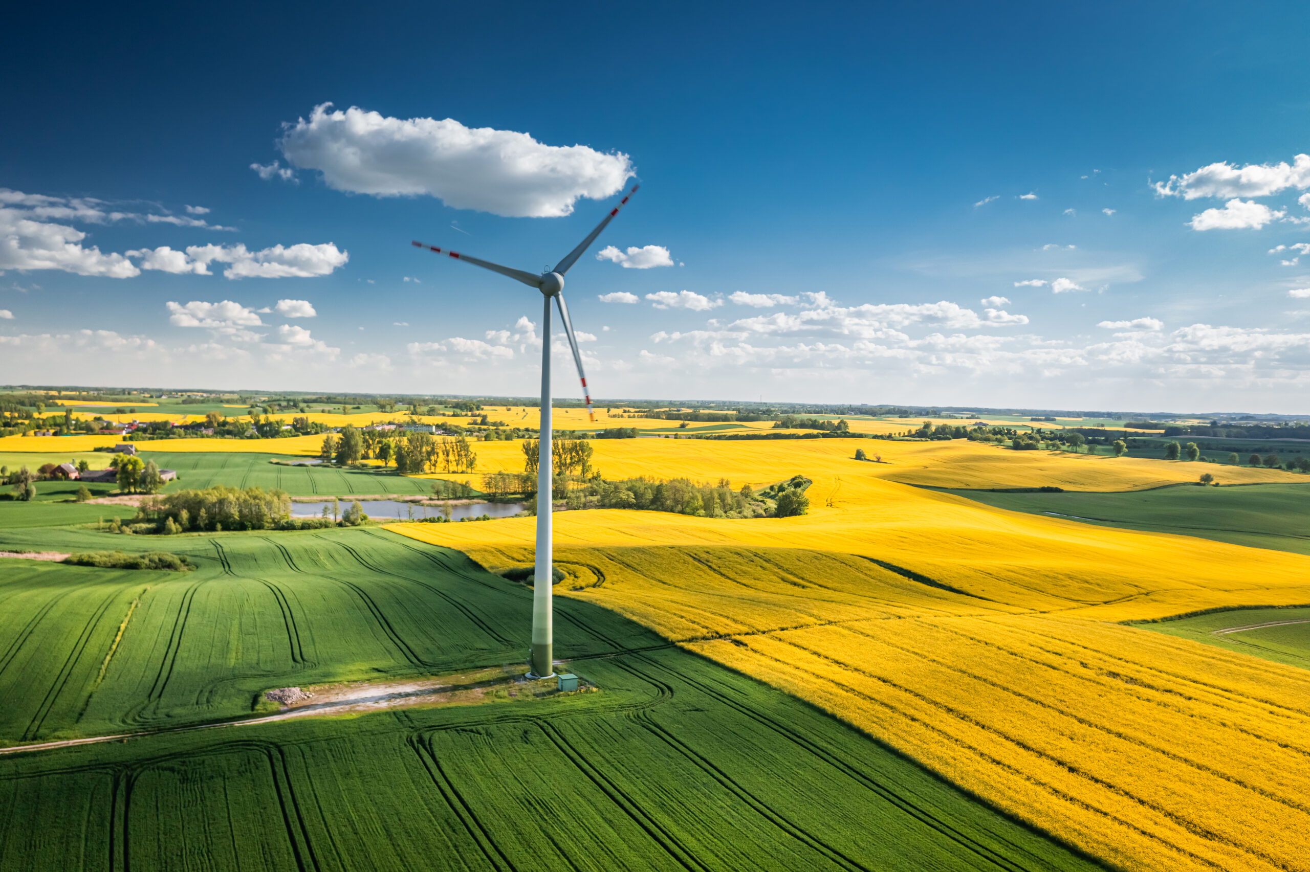 A single wind turbine standing in the middle of vibrant green and yellow agricultural fields under a bright blue sky with scattered clouds, representing clean energy and sustainable landscapes.