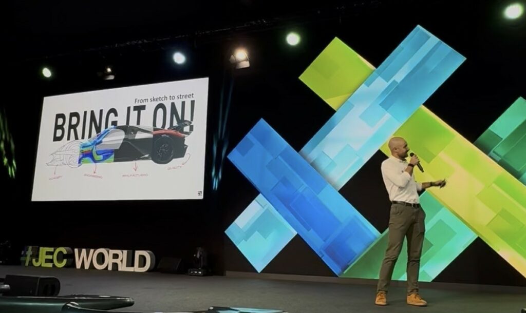 Managing Composite's CEO, Lluc Martí, at the stage at JEC 2026